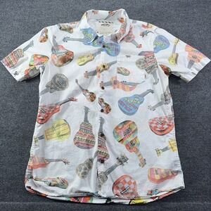 Vans Off The Wall Aloha Shirt Medium White Ukuleles Summer Button Up AOP